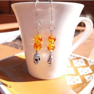 Amber Bead Skull Kidney Hook Earrings